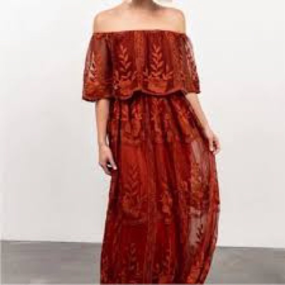 Baltic Born Leon‎ Off Shoulder Maxi Dress Rust Size Small Wedding Guest Tulle
